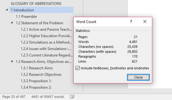 dissertation word count for each section