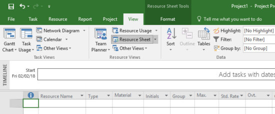 Resource Sheet View in Microsoft Project